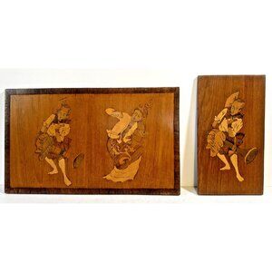 Inlay wood Burmese ozi dancers vintage signed list Burma handmade art marquetry